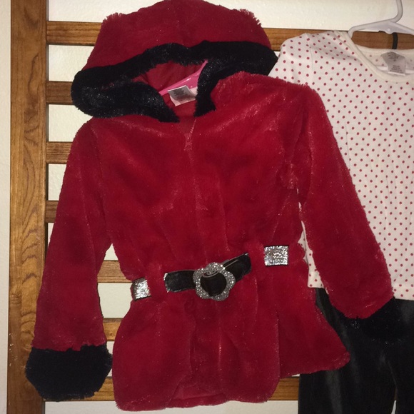 Girls 3pc set Red Faux Fur Jkt w LS Tee & Pants 3t - Picture 2 of 6